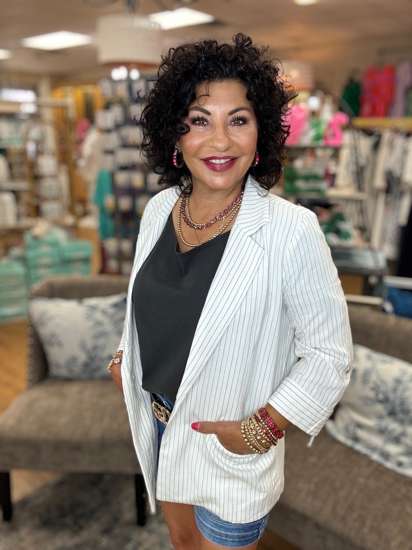Pin Striped Soft Linen 3/4 Jacket