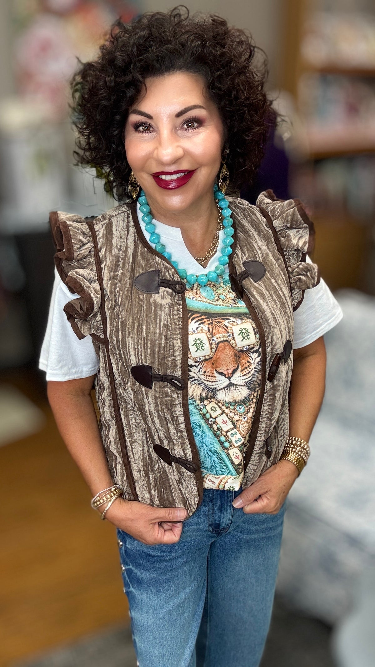 Velvet Ruffled Vest w/Contrast Binding