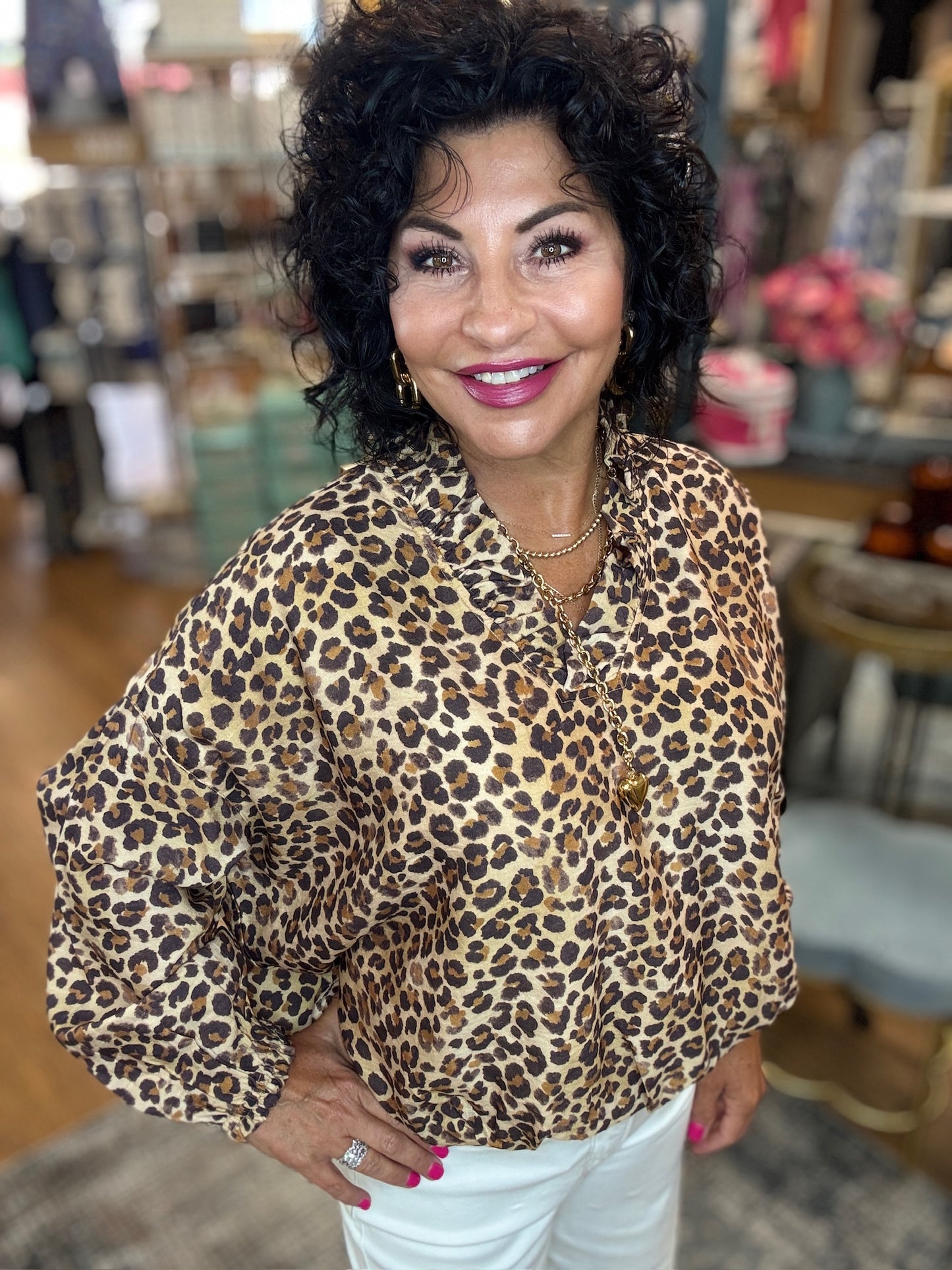 Leapord Gathered Waist Long Sleeve Top