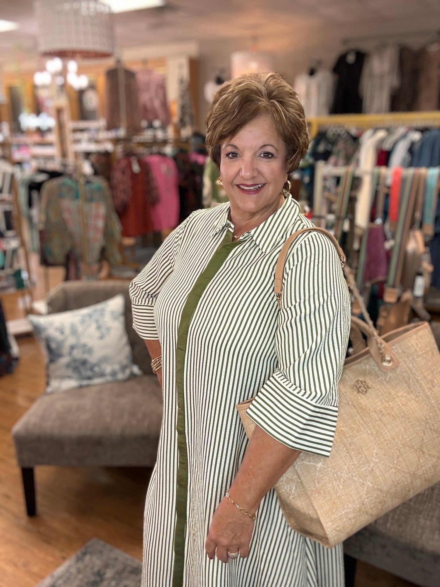 Striped 3/4 sleeve Midi dress featuring hidden button closure at front