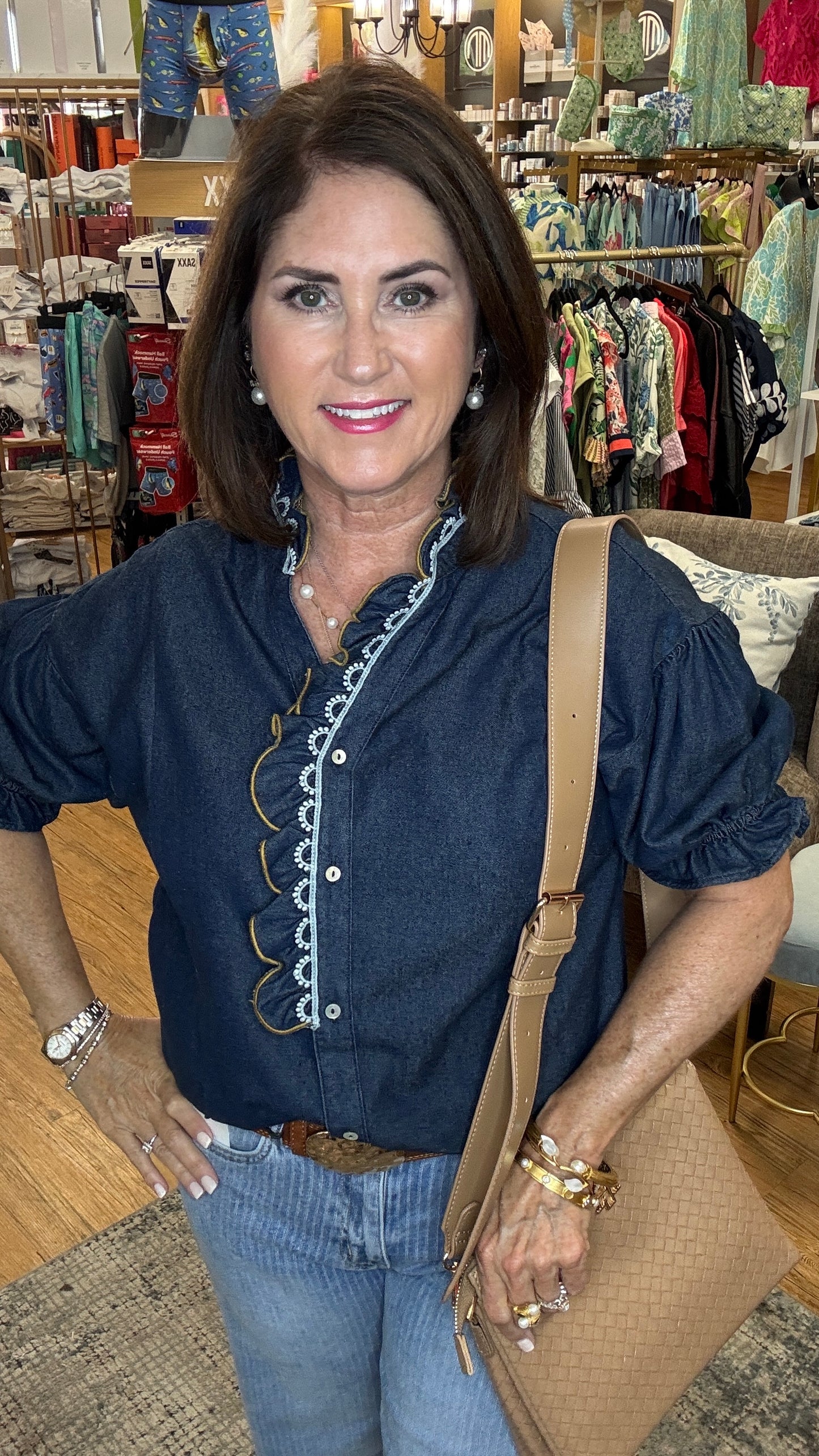 Frill Neck Button Down Chambray Shirt
