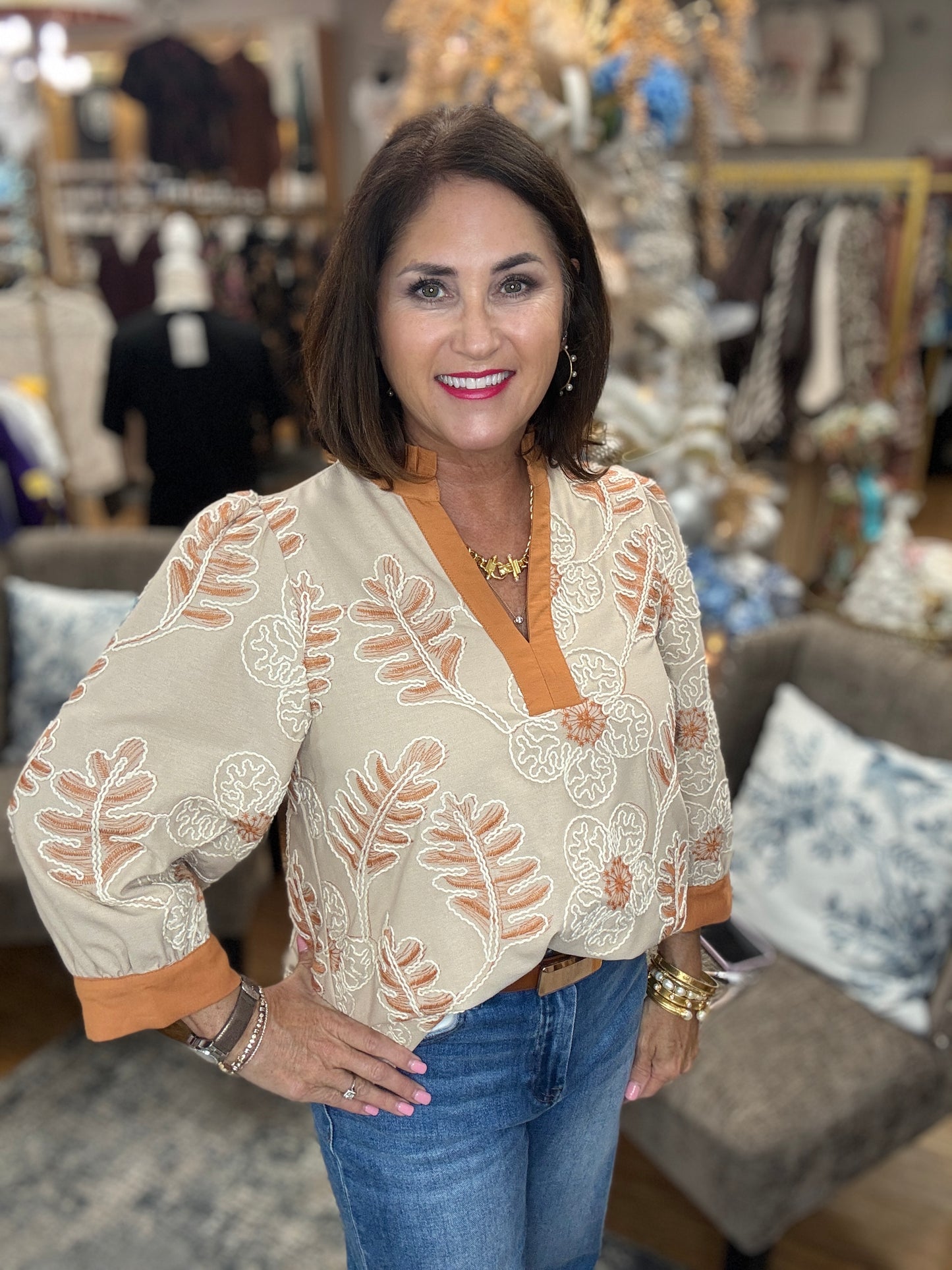 Floral Embosed 3/4 Sleeve Top w/Ruffle Trim