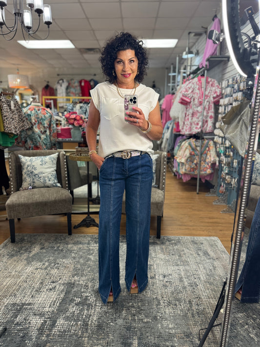 Tummy Control High Rise Wide Leg w/front Slit Jeans