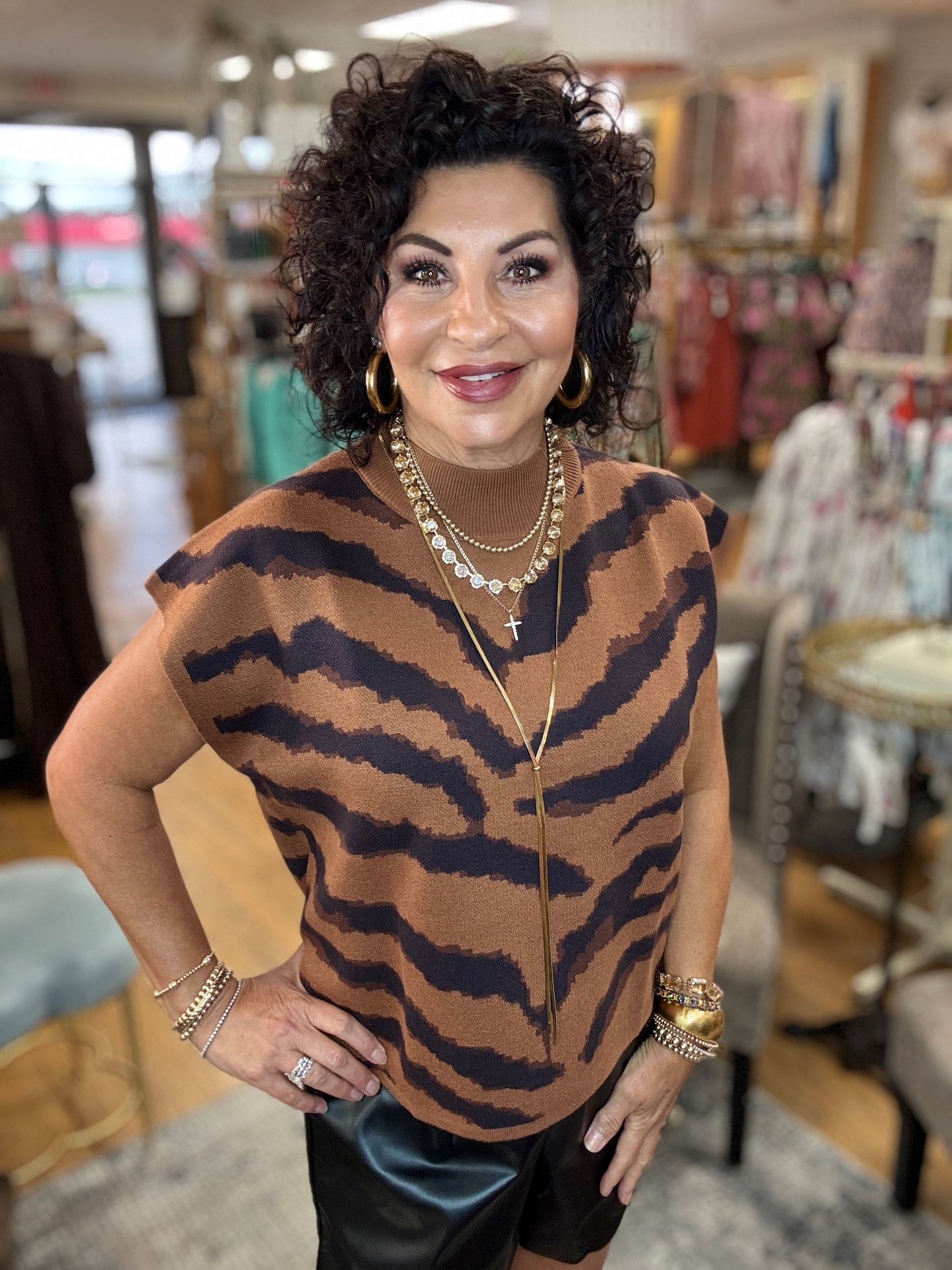 Animal pattern short sleeve mock neck sweater