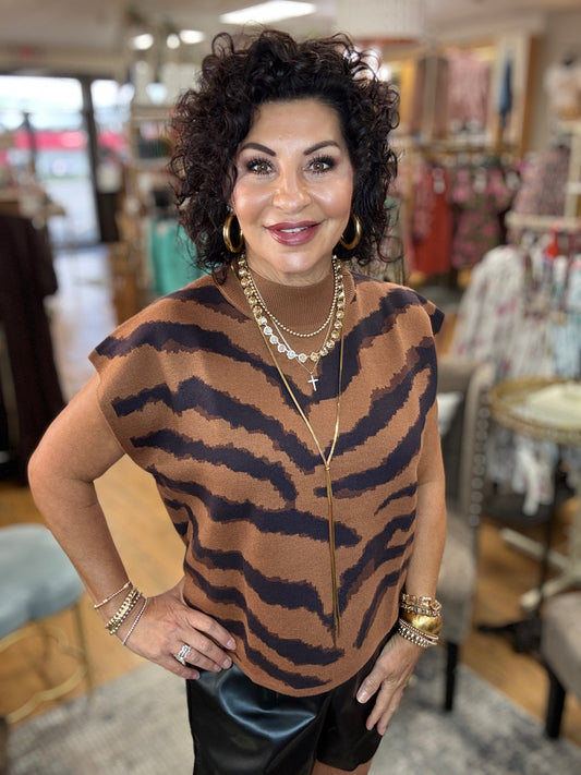 Animal pattern short sleeve mock neck sweater