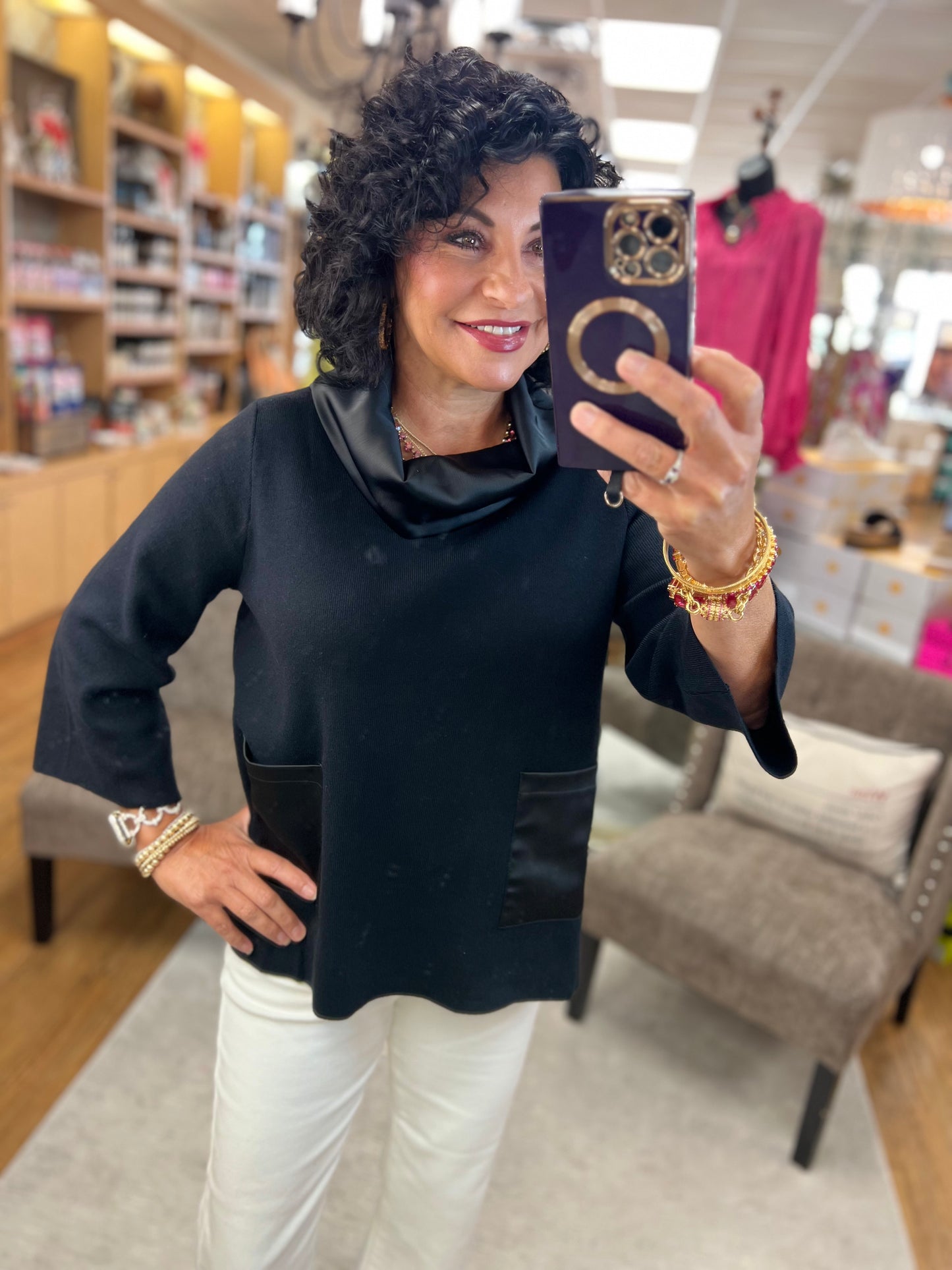 Contrast Satin Cowl Neck Bell Slv Sweater