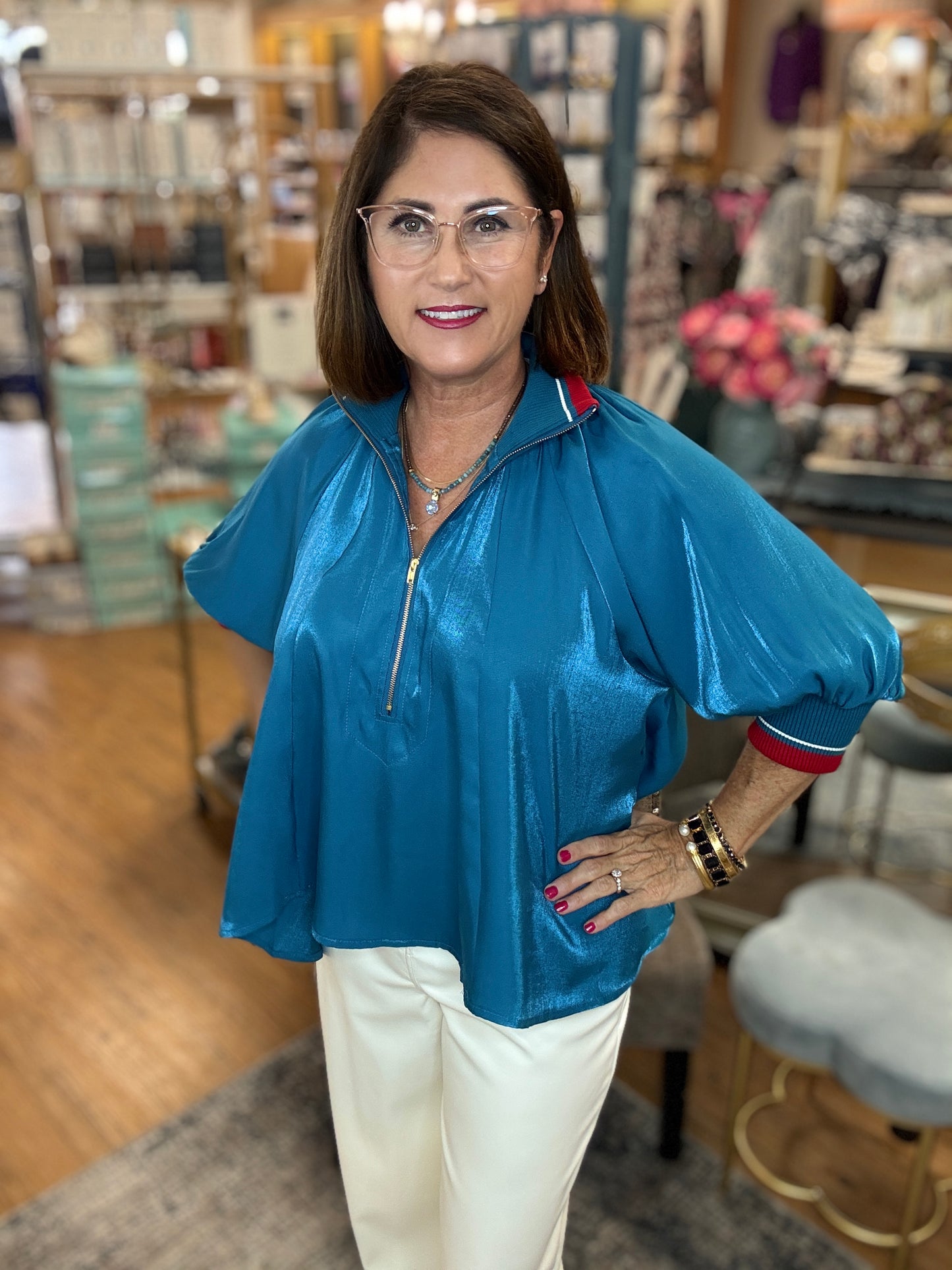 Mock Neck Band Puff Sleeve Blouse