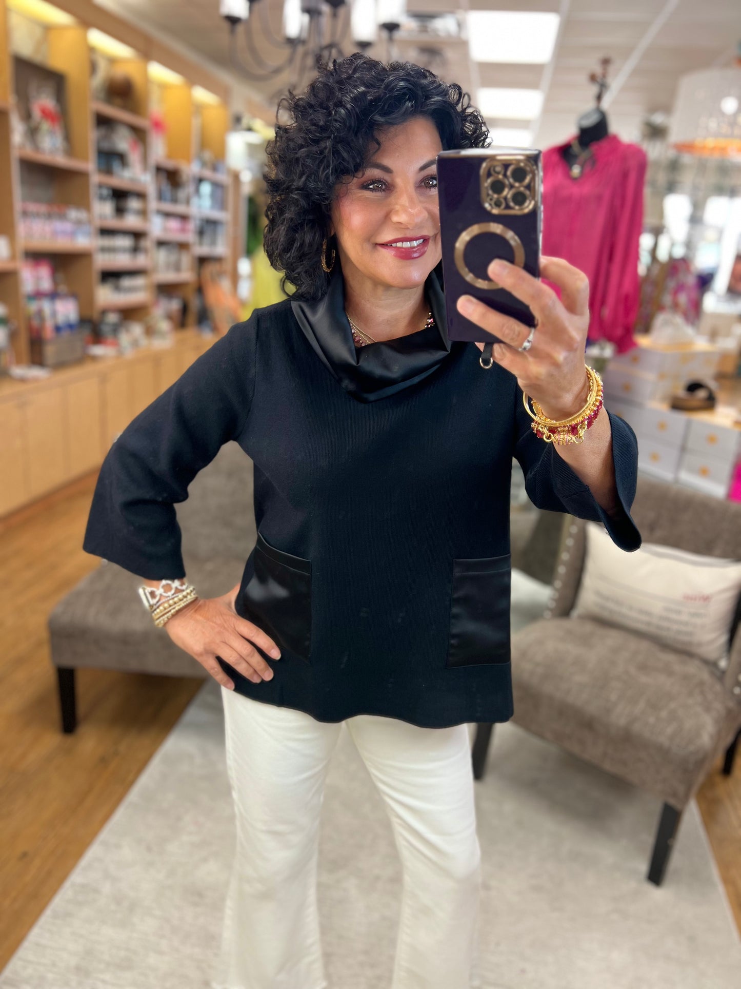 Contrast Satin Cowl Neck Bell Slv Sweater