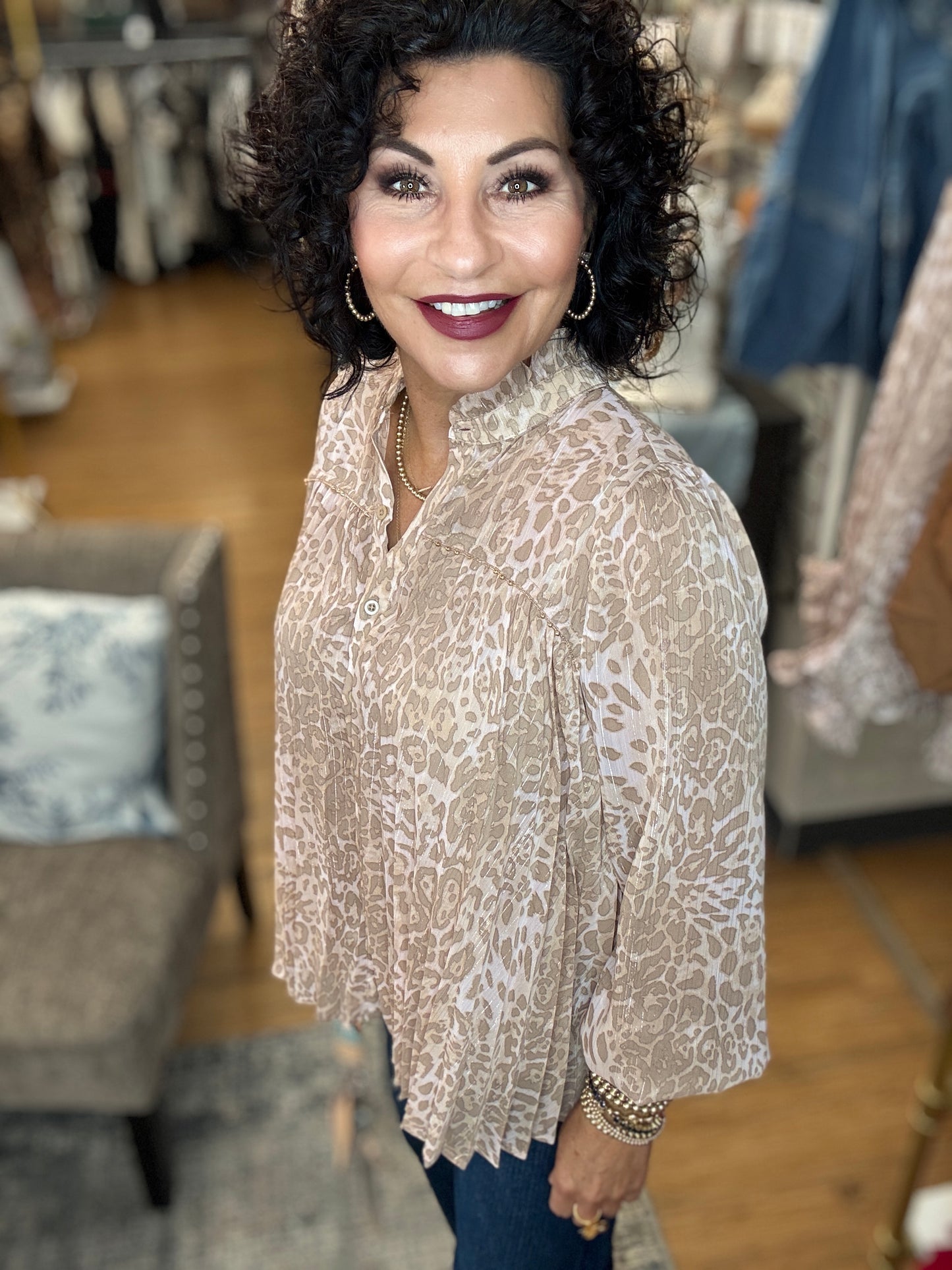 Animal Print Chiffon Top w/Lurex Pleat