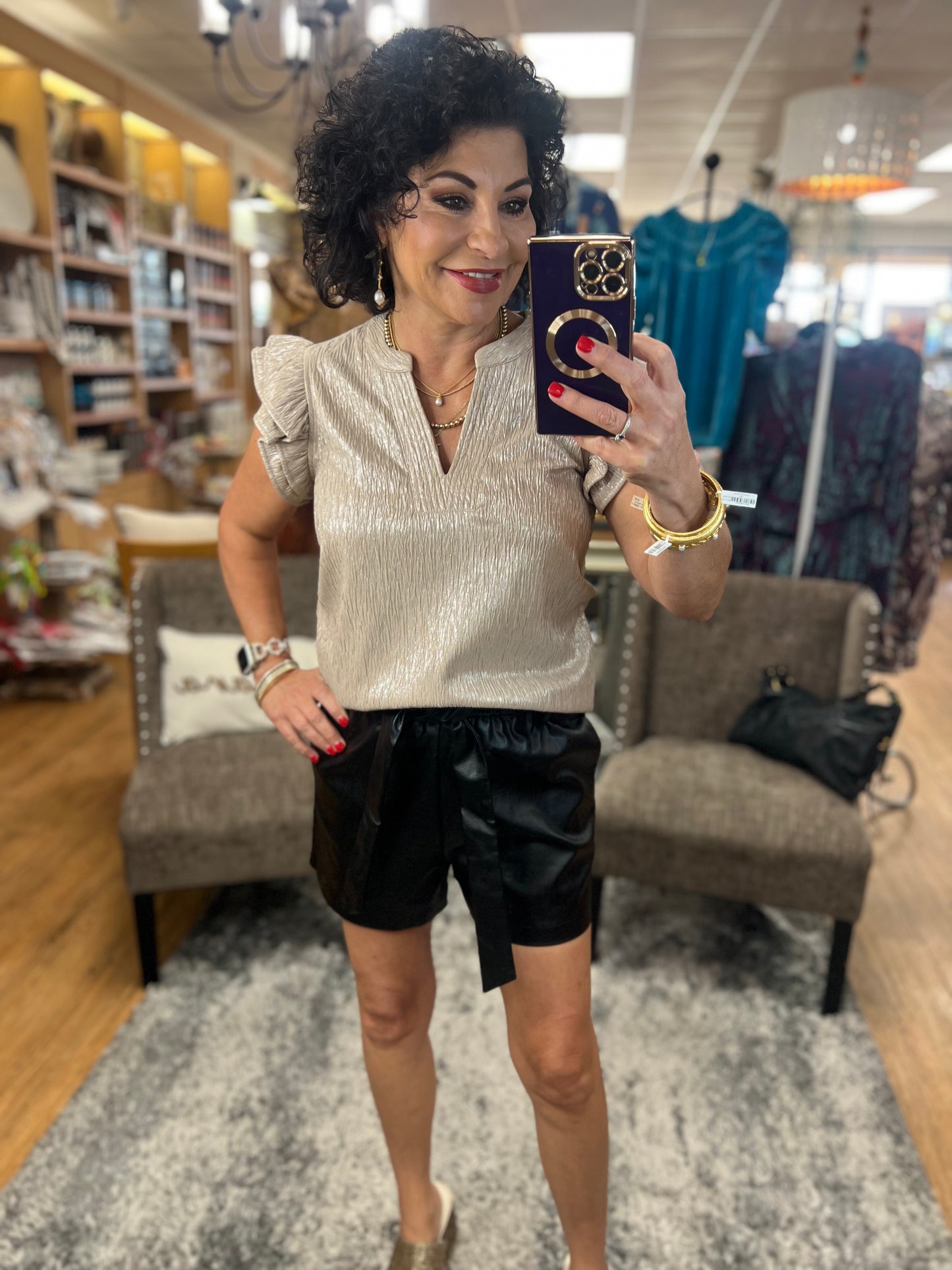 Faux Leather Elastic Waist Shorts W/Tie