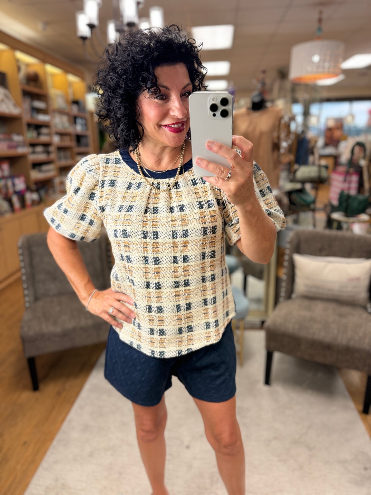TWEED BUBBLE SLEEVE CONTRAST BACK TOP