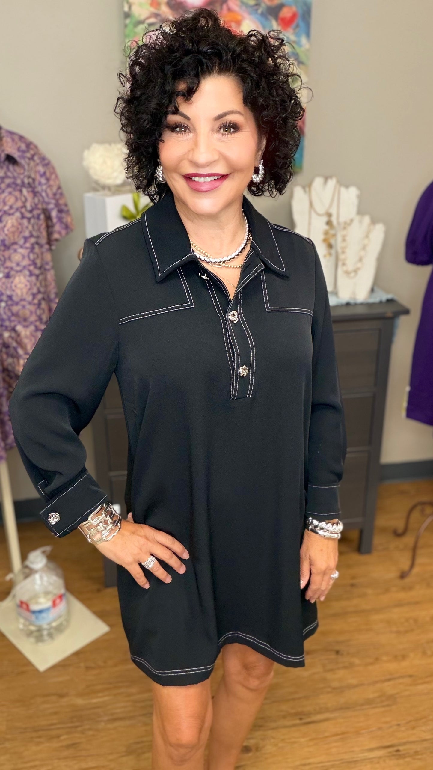 Contrast Stitch Collared Shirt Dress