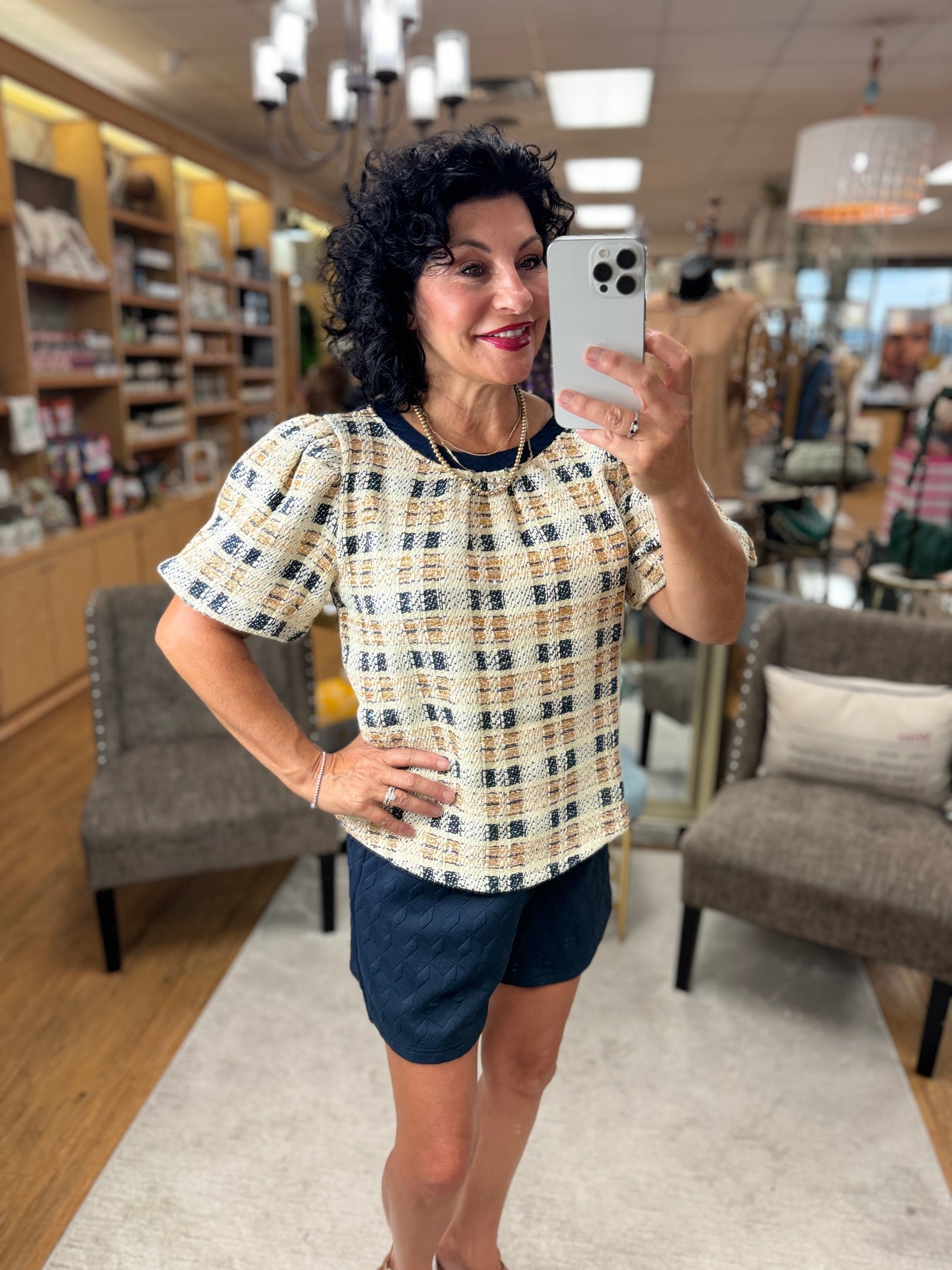 TWEED BUBBLE SLEEVE CONTRAST BACK TOP
