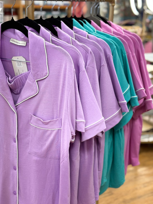 SHORT SLEEVE BUTTON DOWN PJ SHIRTS & SHORTS 2 PCS SETS