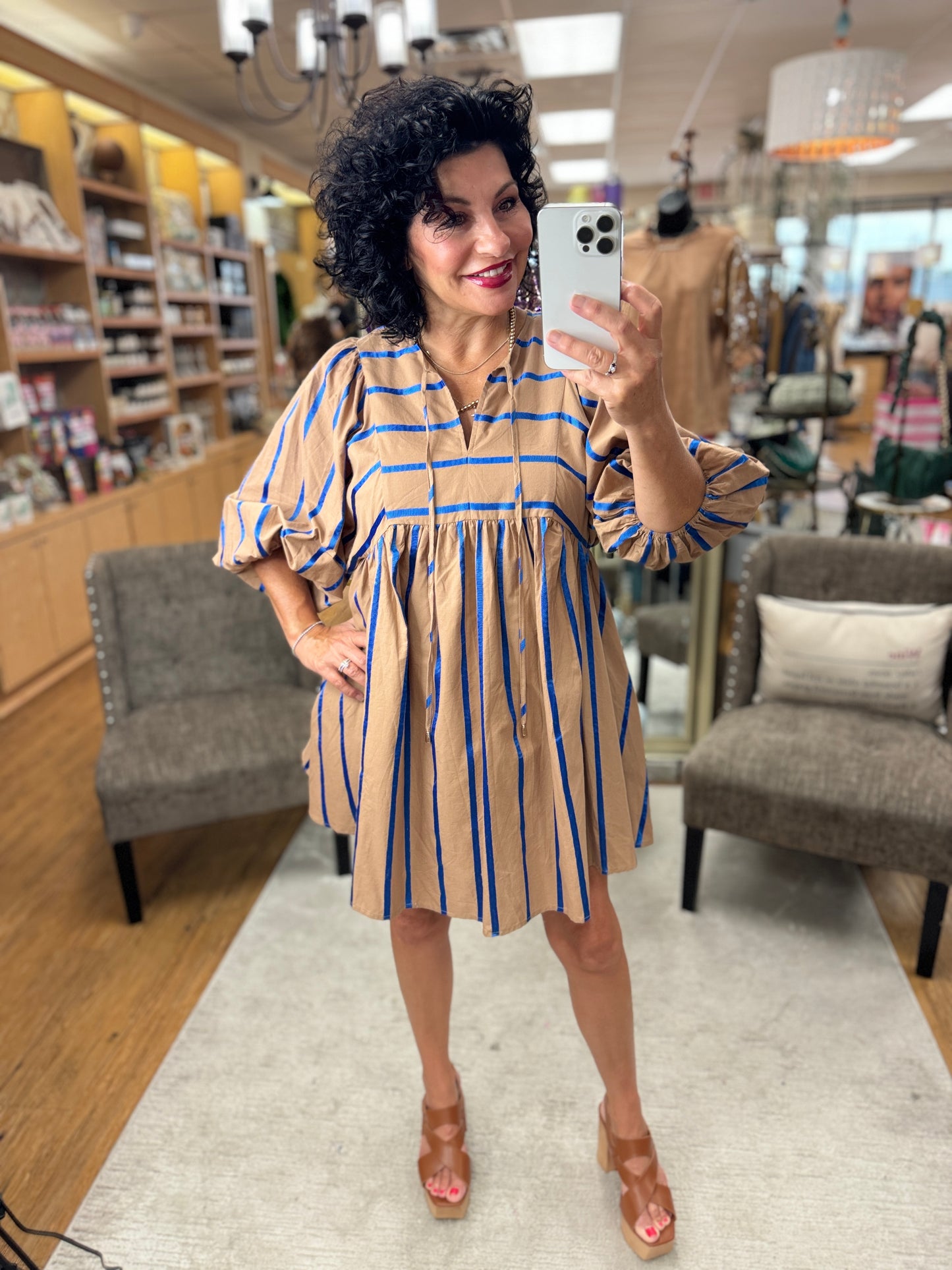 LONG SLEEVE FRONT TIE DRESS WITH GROSGRAIN STRIPES