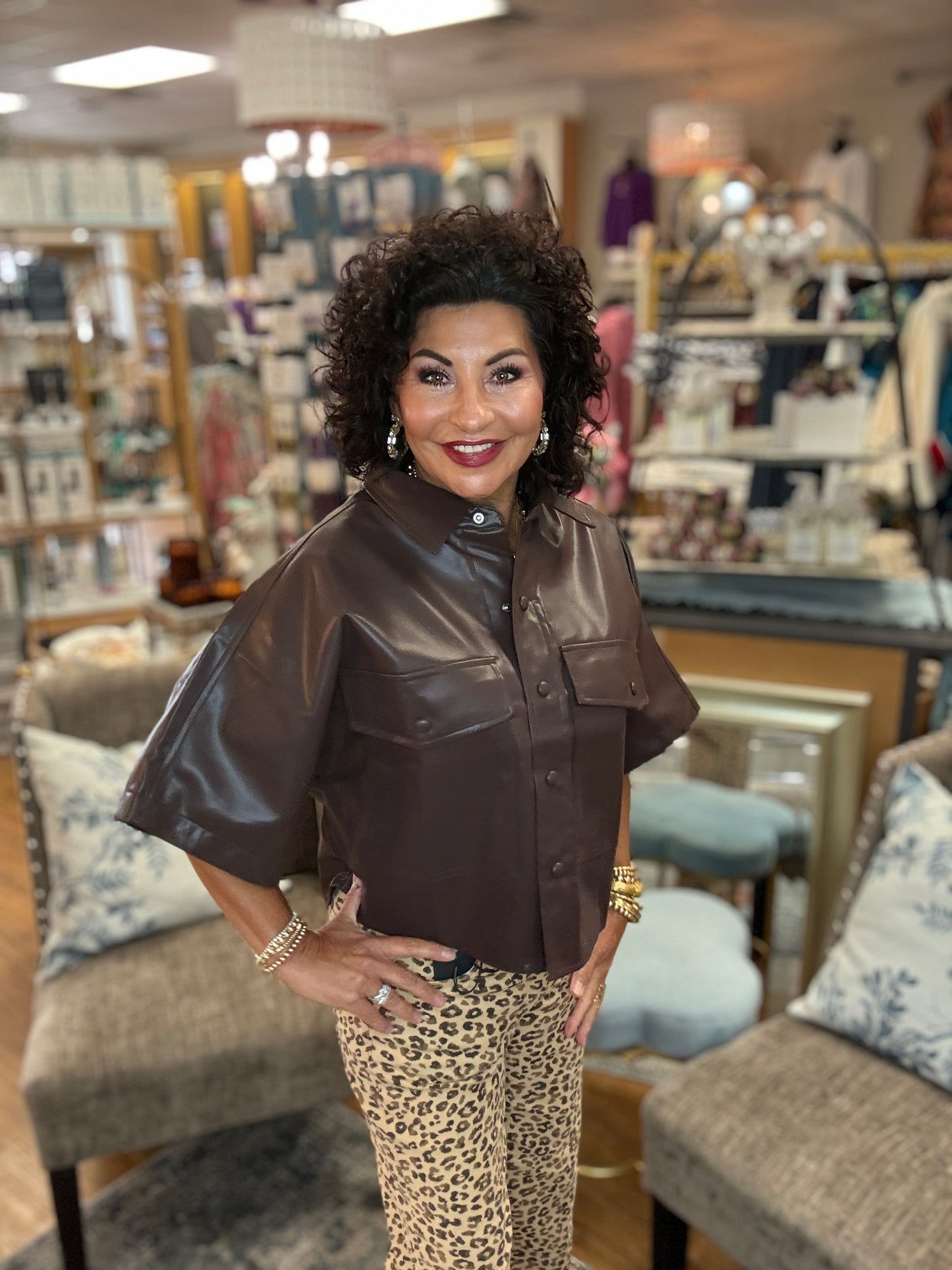 Collard pocket Button Faux Leather Top
