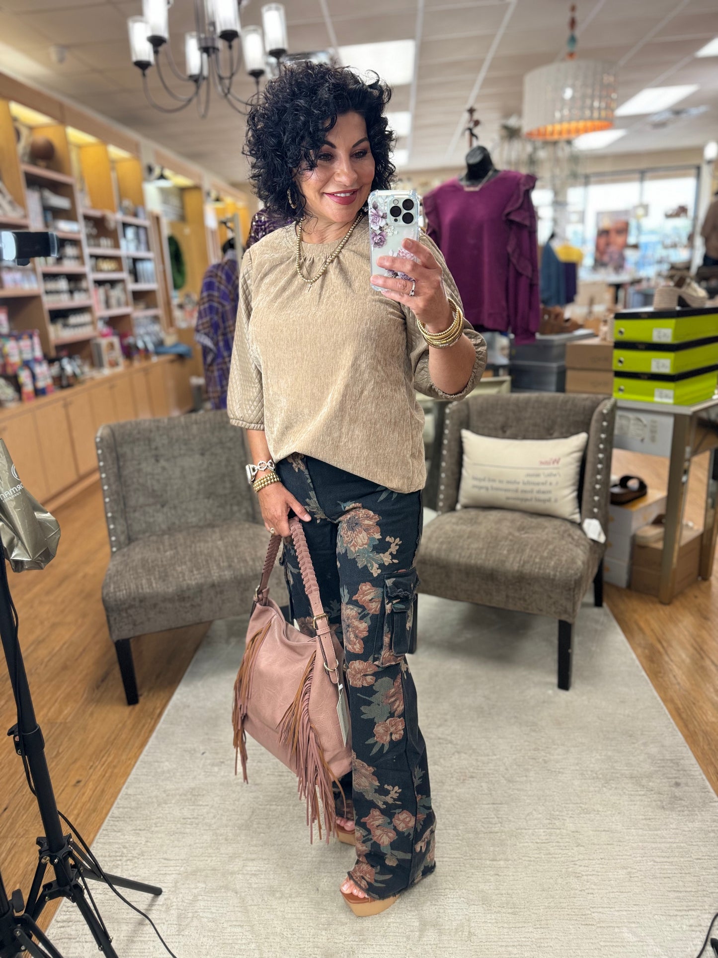 Floral Print Cargo Denim Pants