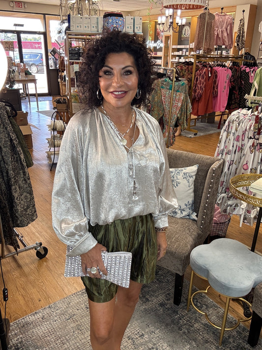 Pleated Silky Shorts Set w/Elastic Back
