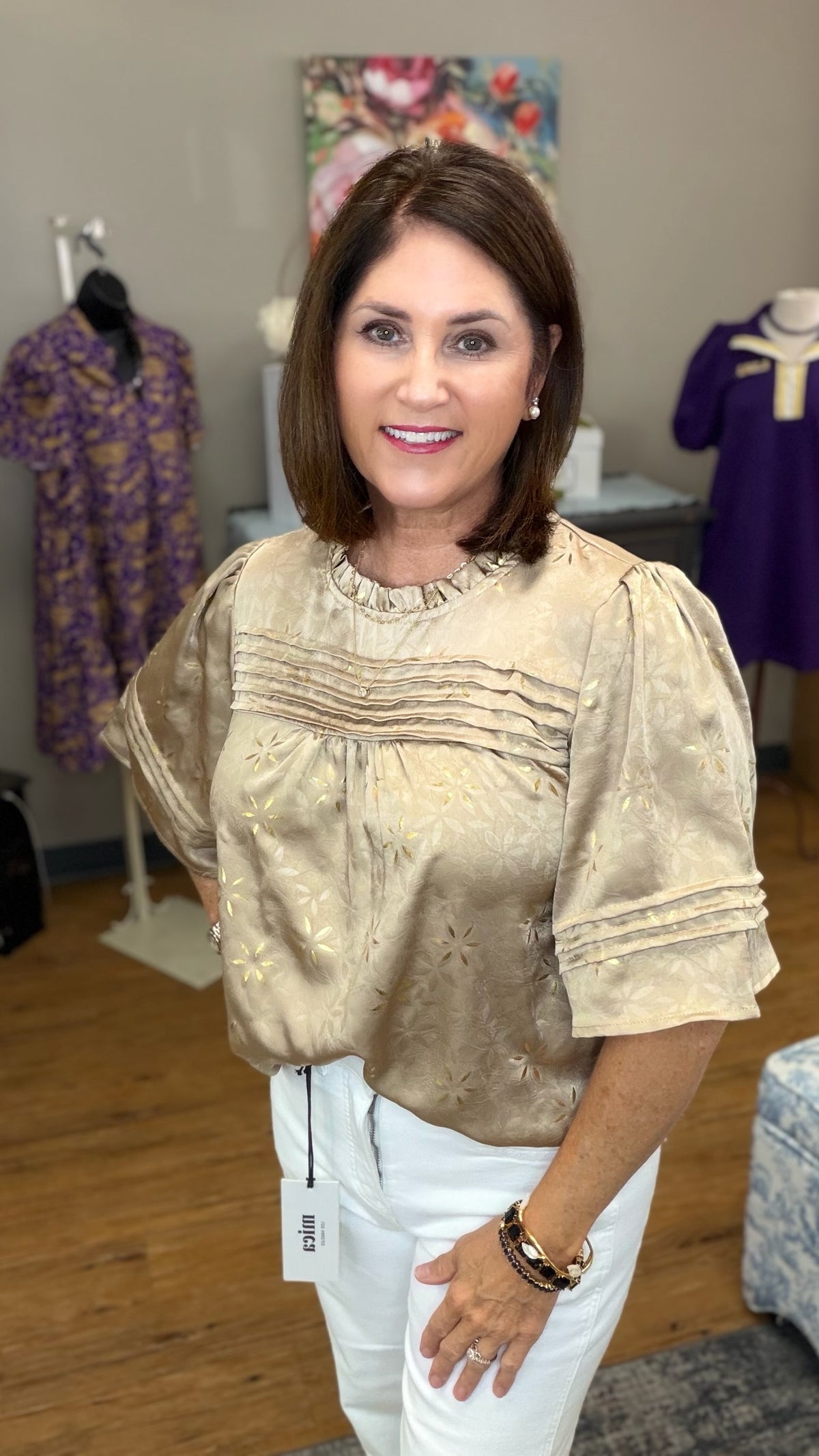 Pintuck Metallic Detail Satin Top