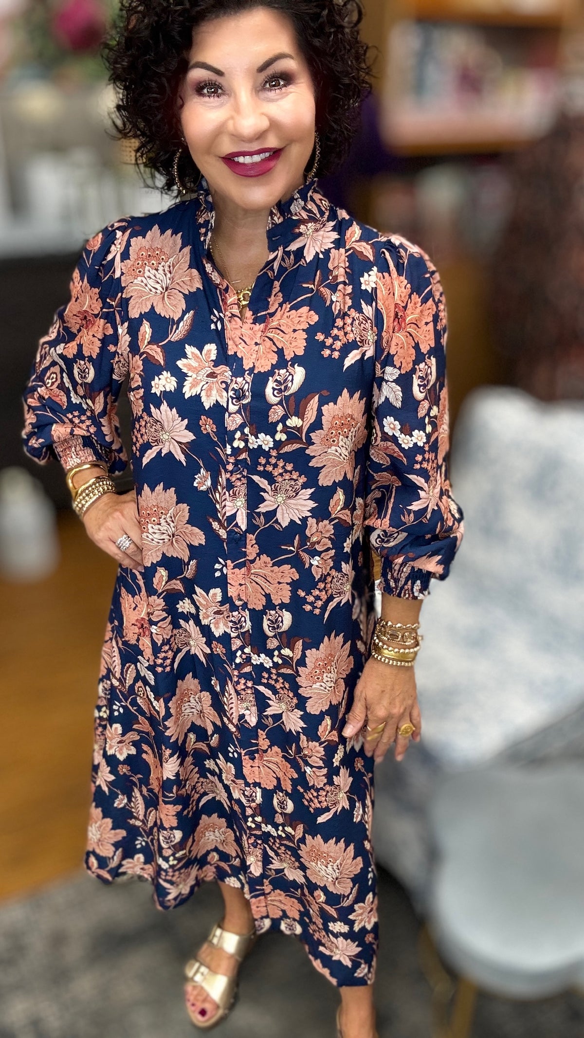 Floral Tile Print Button Down Midi Dress