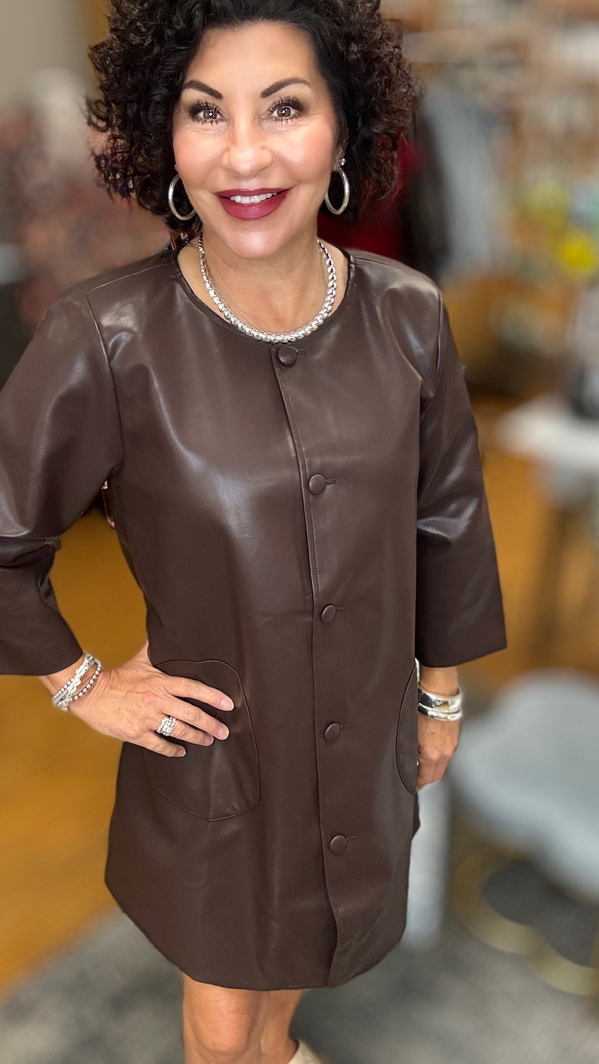 3/4 sleeves button down faux leather dress