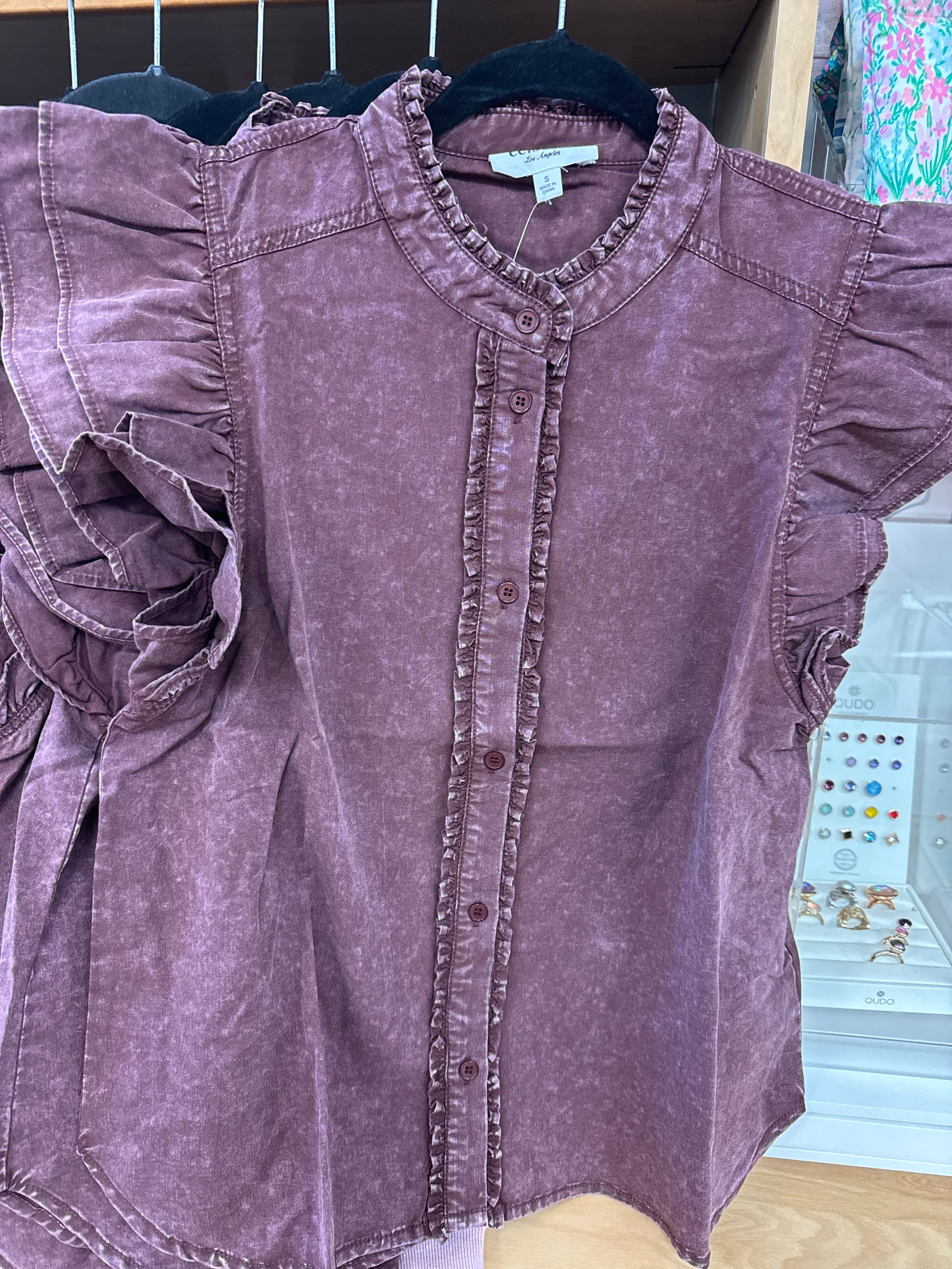 Washed Chambray ruffle trim flutter sleeve