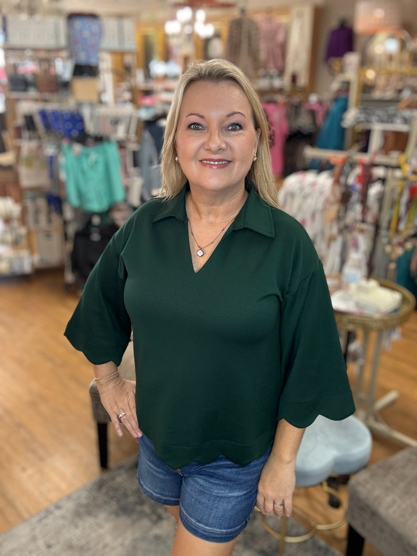 3/4 sleeves v neck top with scallop edge