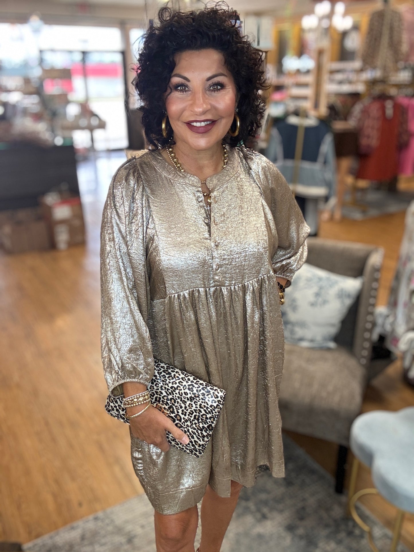 Metalic Quarter Button Dress w/Pockets