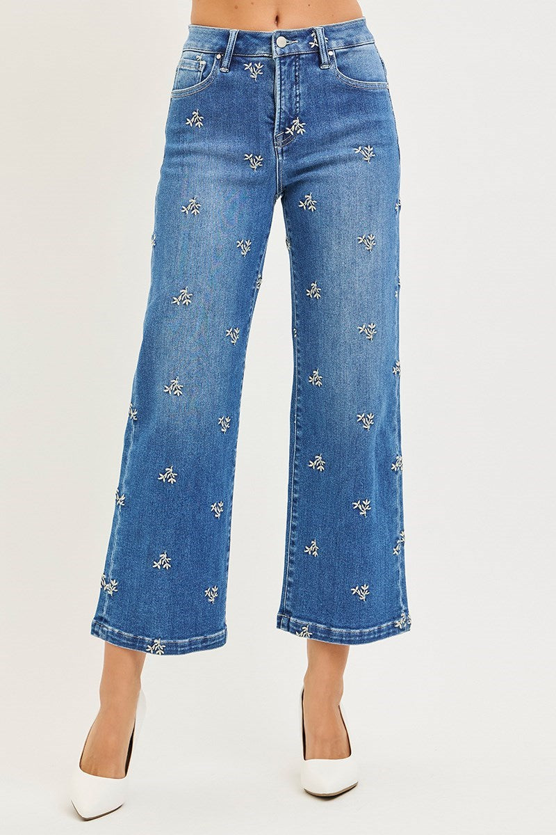 Tummy Control High Rise Crop Wide Leg Embroidered Jeans