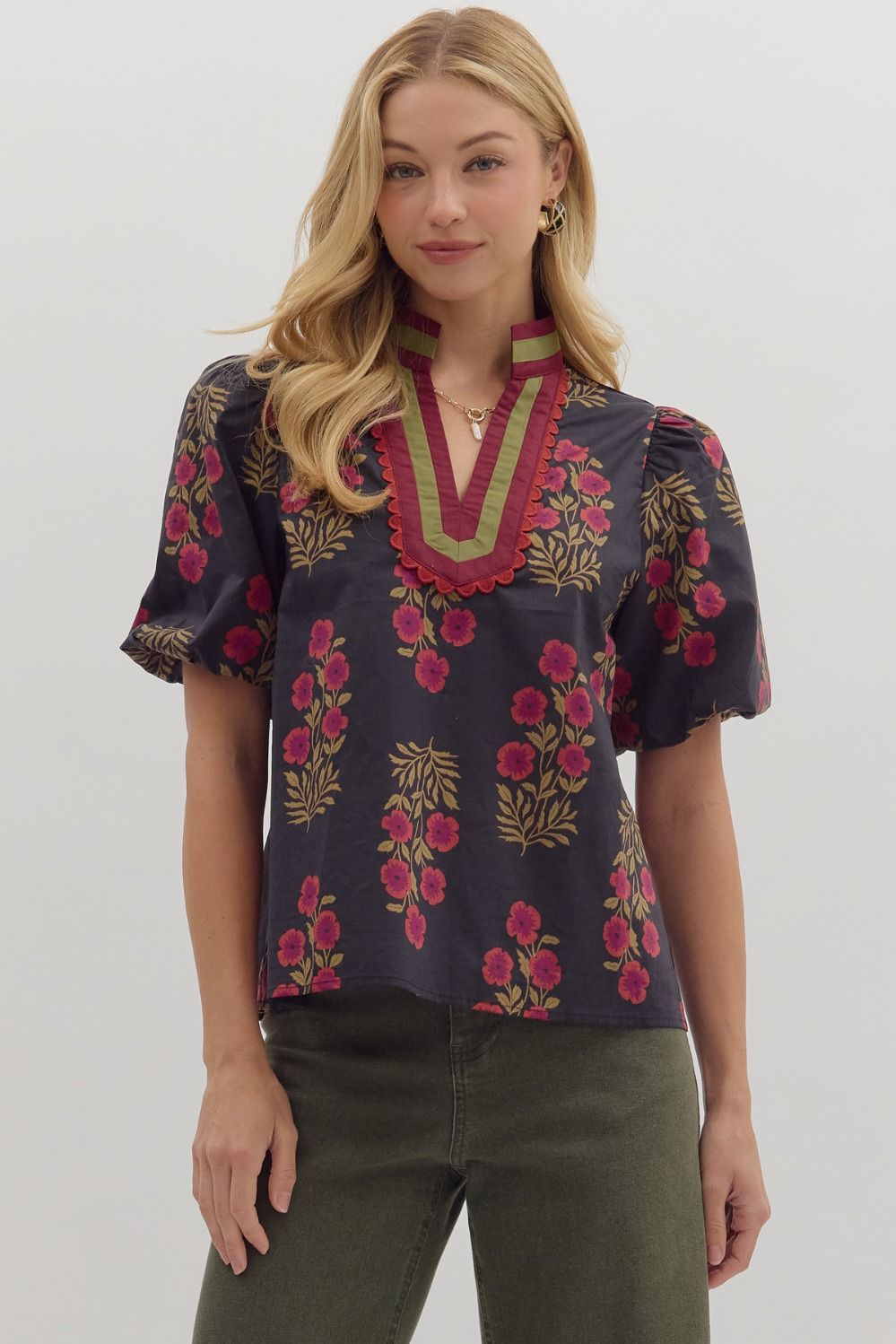 Floral print short bubble sleeve top featuring multicolor accent V-neck band