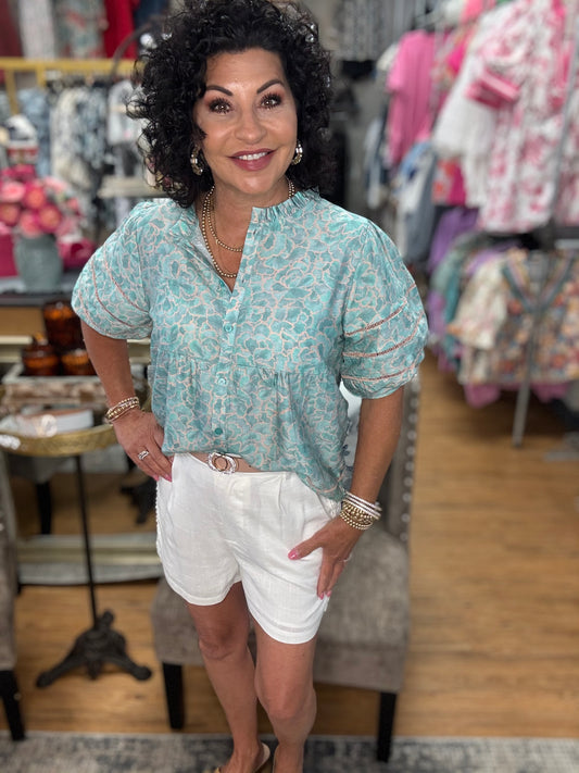 White Linen zipper front crochet lace side shorts