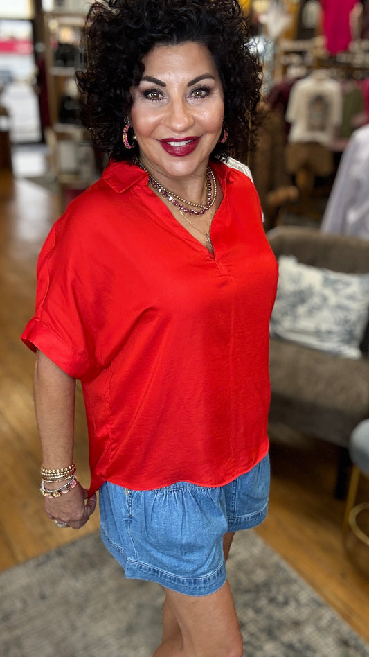 Collard V-Neck Short Sleeve Top