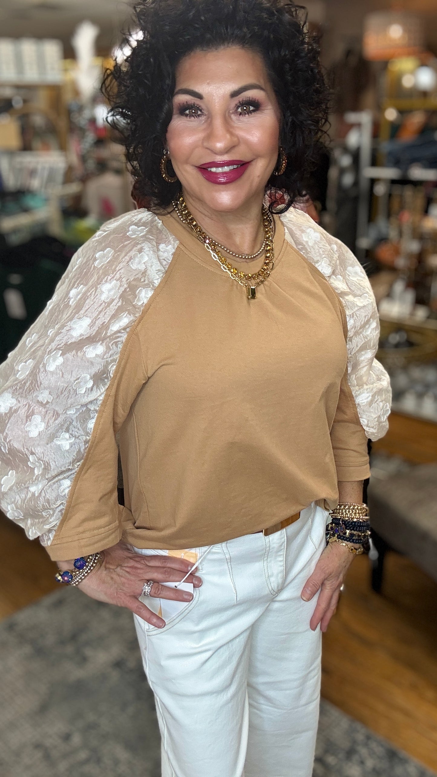 Sheer Floral Sleeve Knit Top