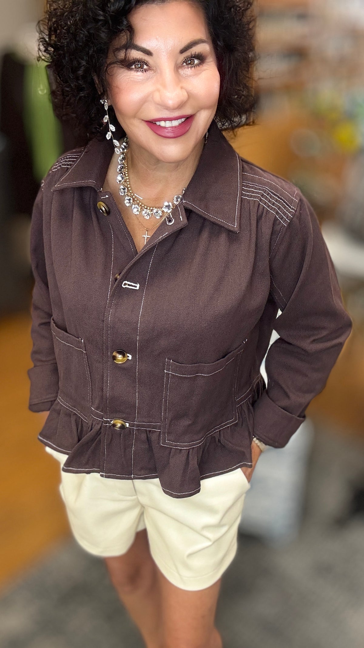 Jacket w/ Ruffle Detail Stitched Pockets