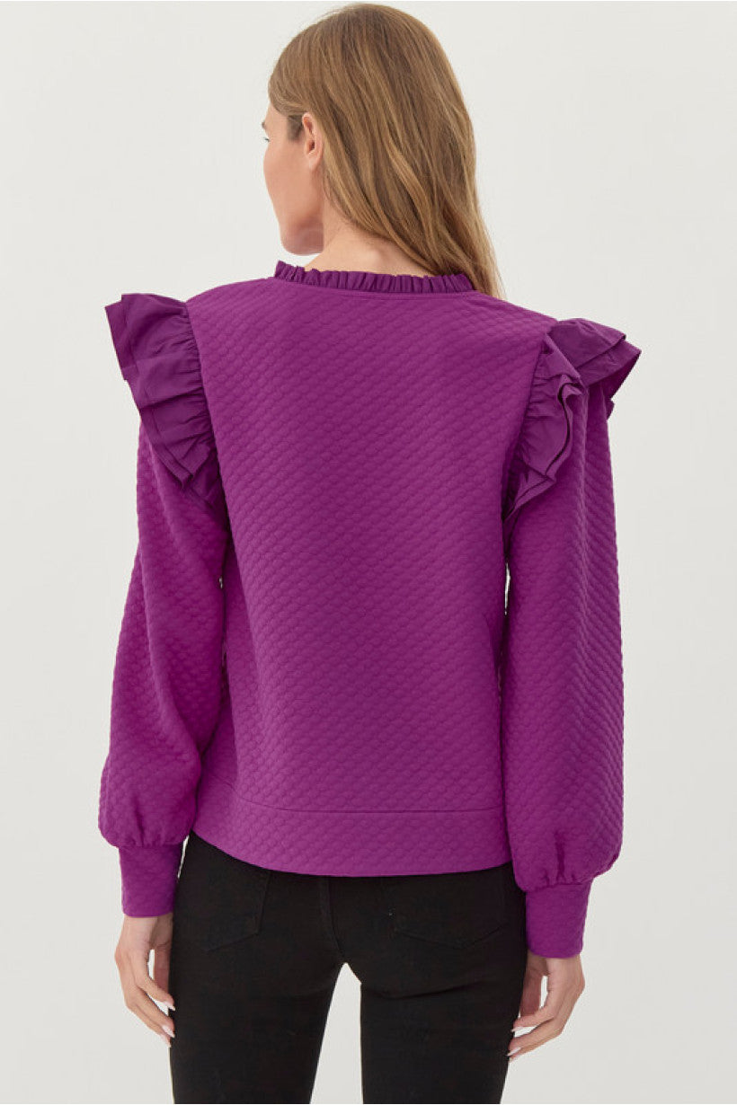 Textured Ruffle shoulder split hem