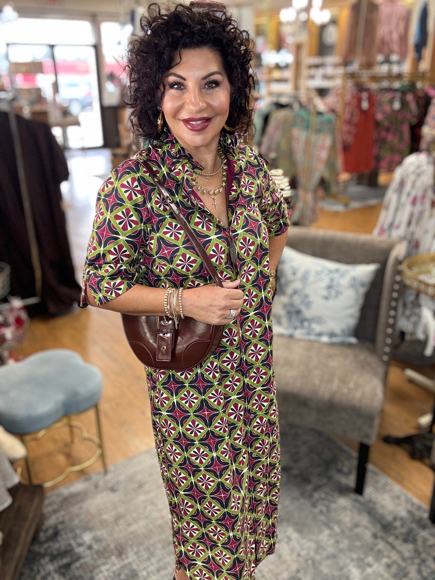 Geometric print short sleeve midi dress featuring button closure at front
