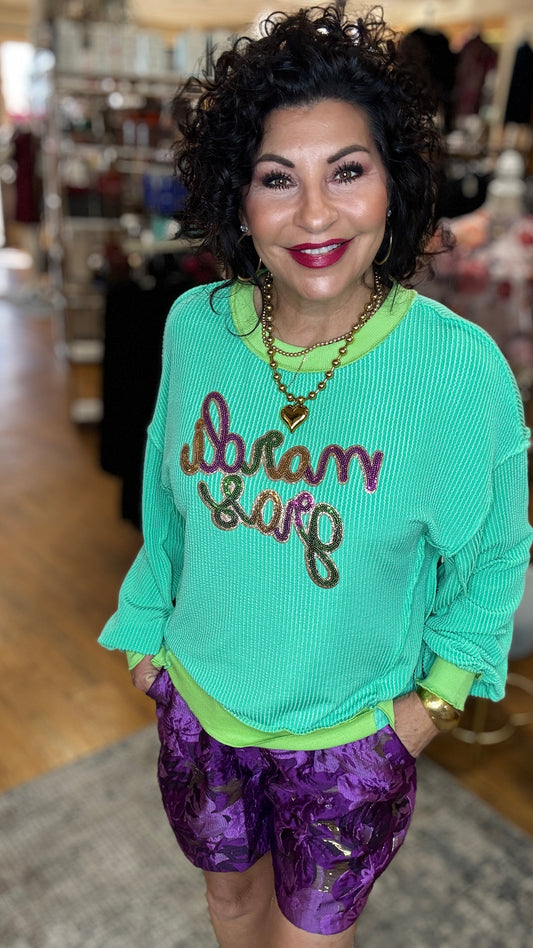 Spring Mardi Gras Sequin Graphic Patchwork Pullover Top