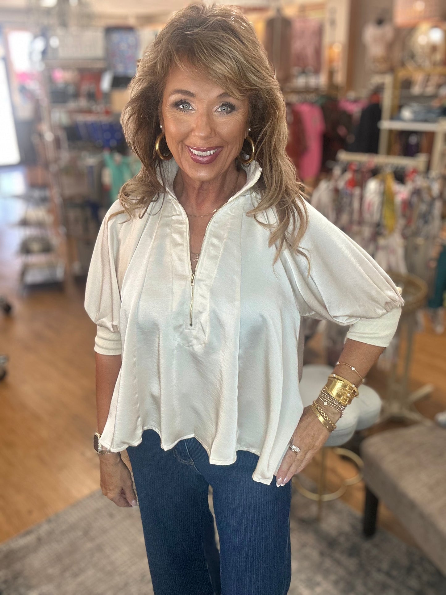 Quarter Zip Mock Neck Band Puff Sleeve Blouse