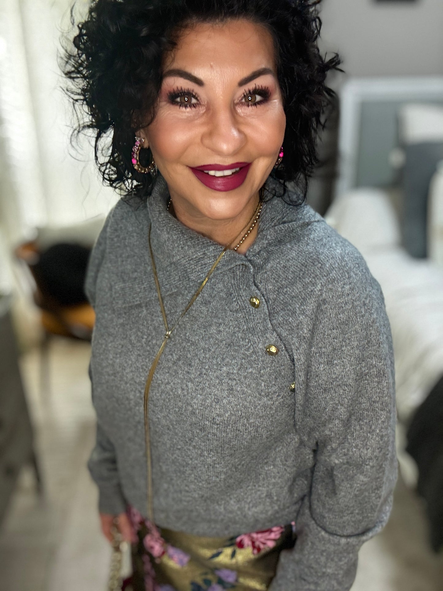 Long Sleeve Knitted Sweater w/Gold Button Detail