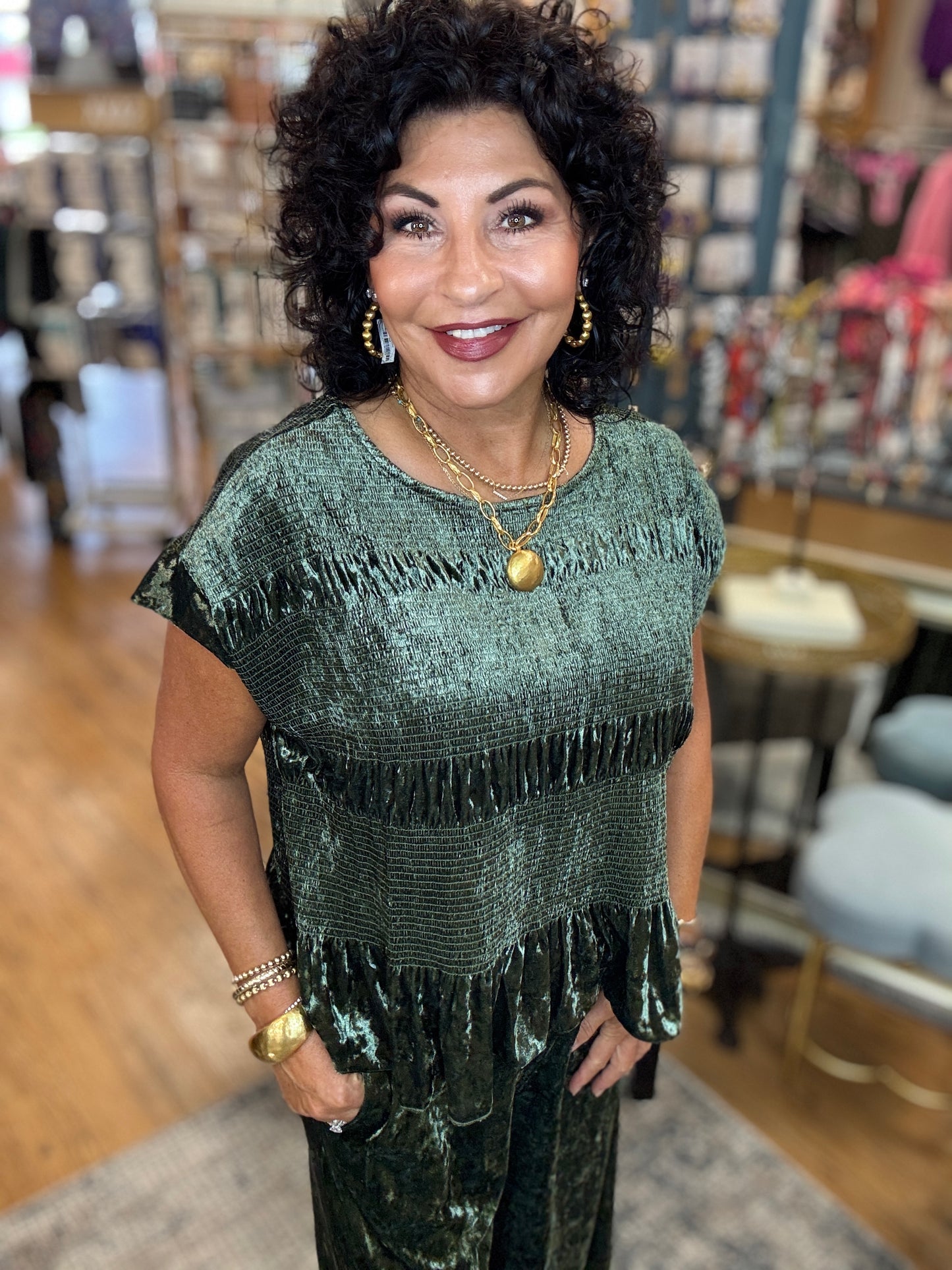 Crushed Velvet Gather Short Sleeve Top