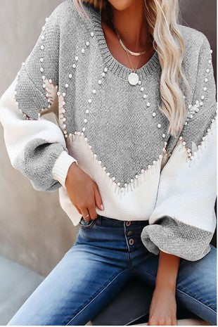 Pearl Beaded Color Block Sweater