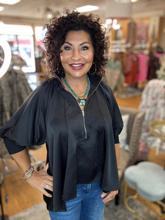 Quarter Zip Mock Neck Band Puff Sleeve Blouse
