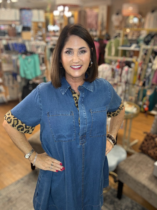 Chambray collar button front mini dress featuring leopard pattern cuff