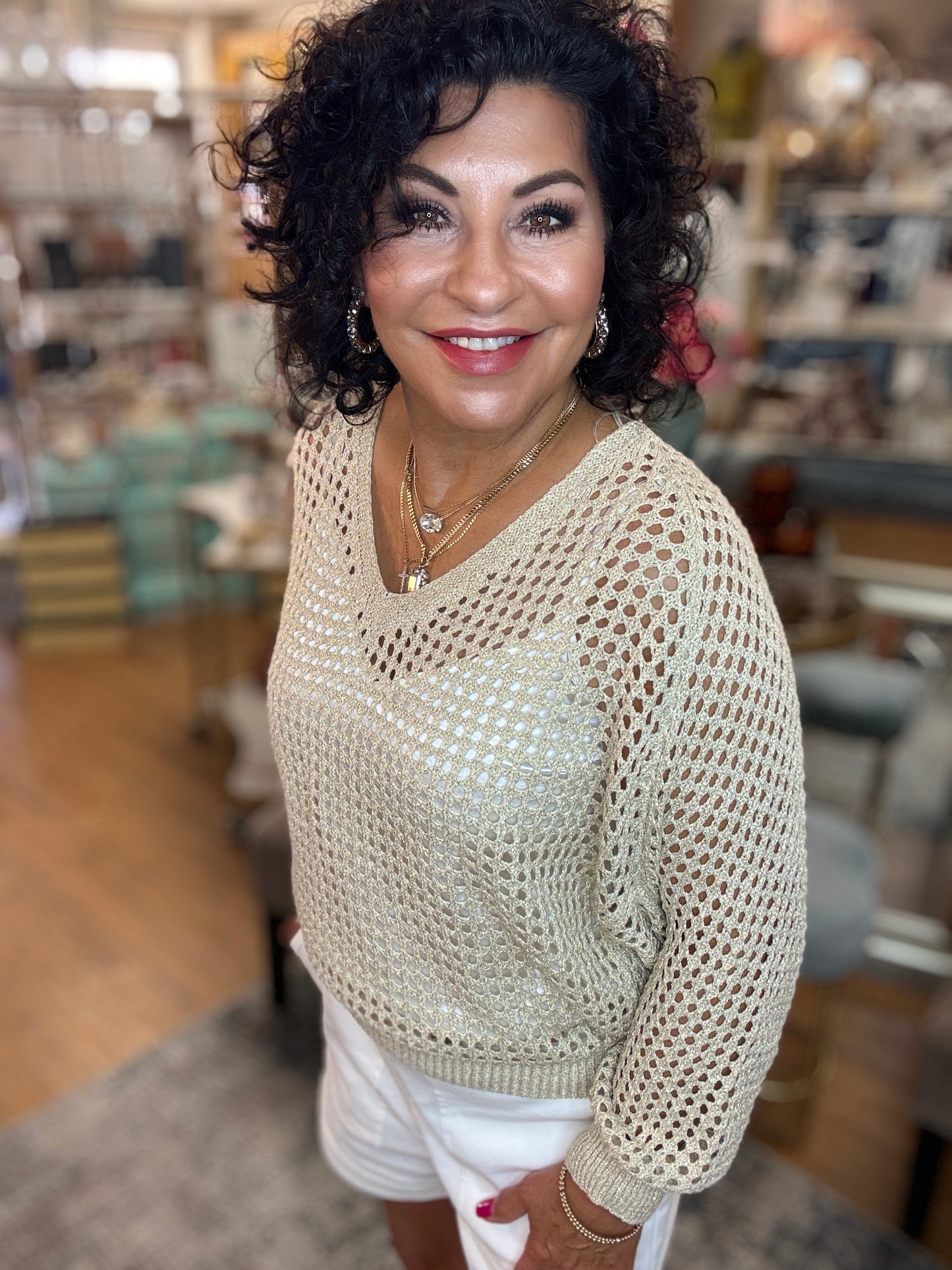 Open Weave Long Sleeve Foil Neck Top