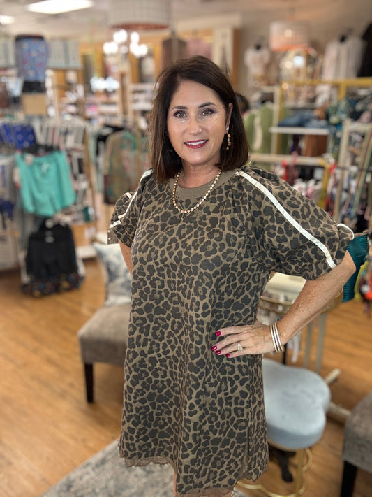 Leopard T-Shirt Dress w/Sleeve detail and lace hem.