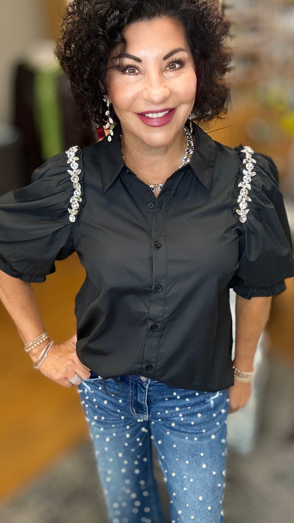 Puff Sleeve Top w/Crystal Details