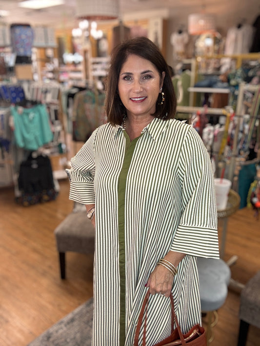 Striped 3/4 sleeve Midi dress featuring hidden button closure at front