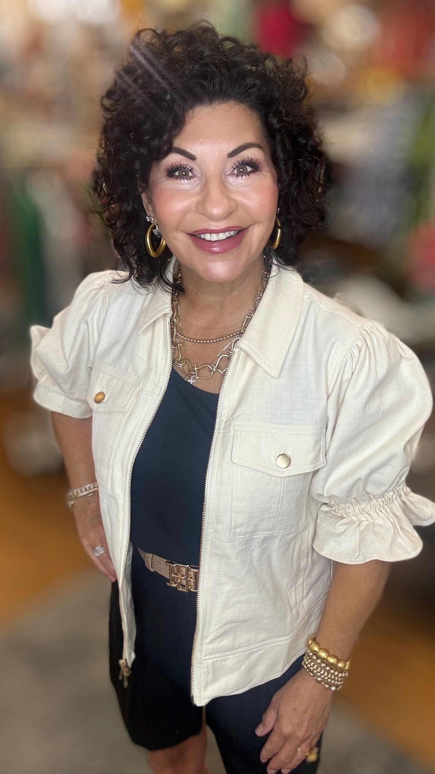 Puff Sleeve Collared Zip Front Top