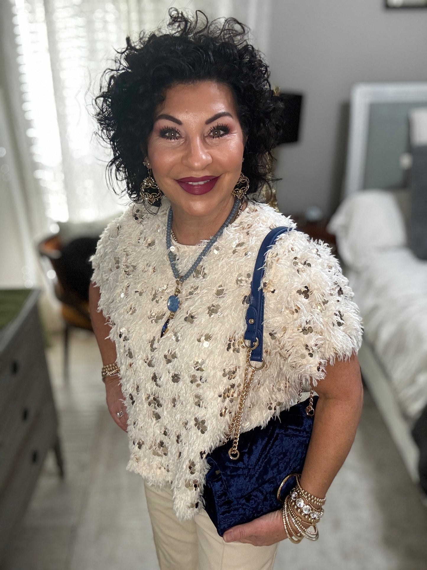 Short Sleeve Fluffy Sequin Top