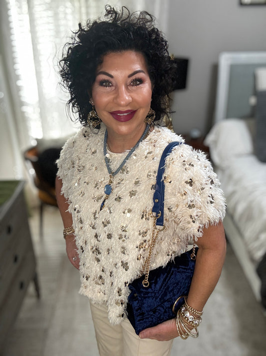 Short Sleeve Fluffy Sequin Top